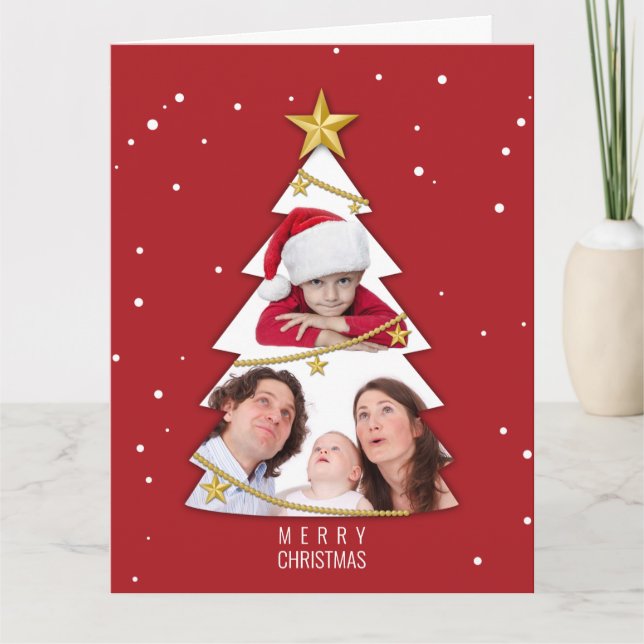 Modern Merry Christmas Tree Photo Collage Red Card (Front)