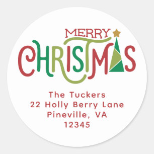 Modern Merry Christmas Tree Return Address Classic Round Sticker