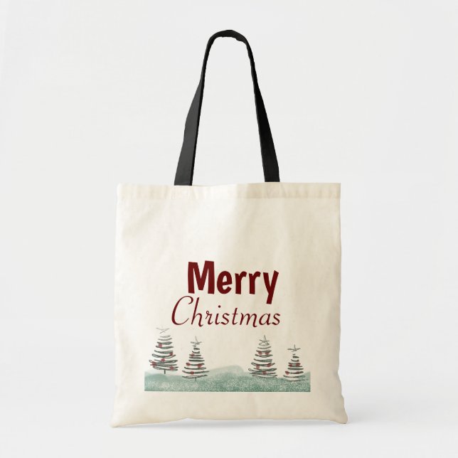 Modern Merry Christmas Tree Snow Scenery Tote Bag (Front)