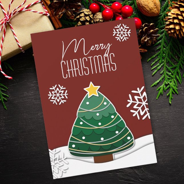 Modern Merry Christmas Tree Snowflakes Winter Snow Holiday Card (Creator Uploaded)