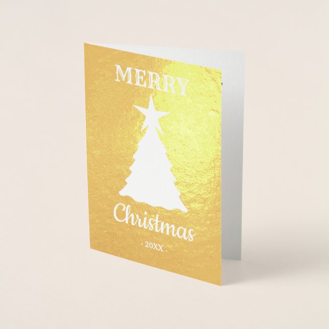 Modern Merry Christmas Tree Star Holiday Foil Card (Front)