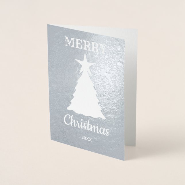 Modern Merry Christmas Tree Star Holiday Foil Card (Front)