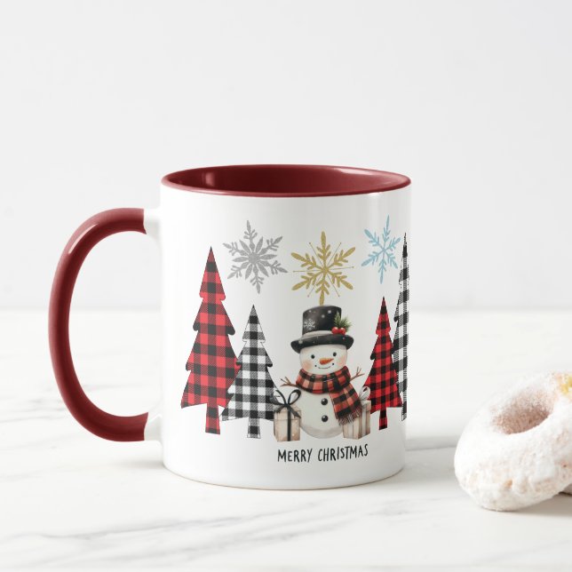 Modern "Merry Christmas" Trees and Snowman Mug (With Donut)
