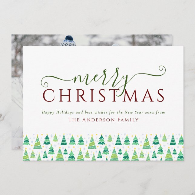 Modern Merry Christmas Trees Photo  Holiday Card (Front/Back)