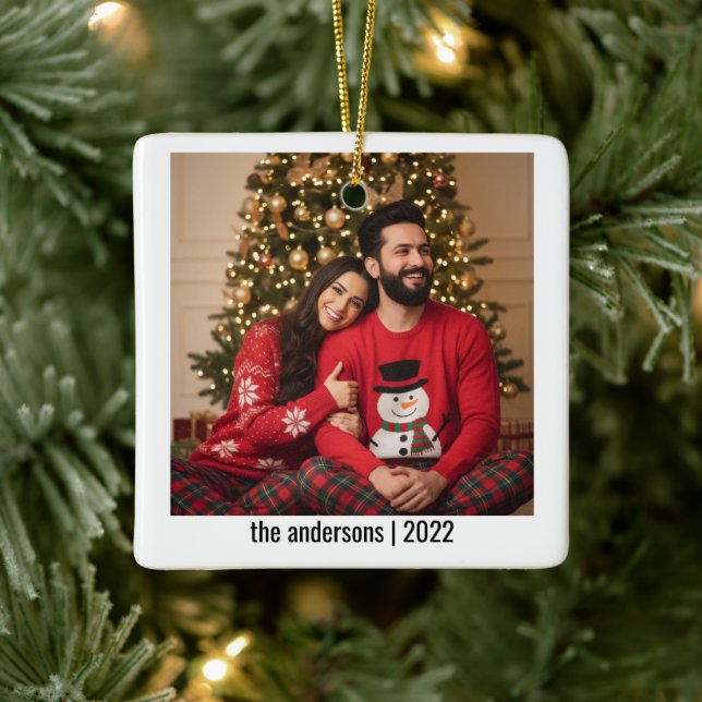 Modern Merry Christmas | Two Photos Ceramic  Ornament (Tree)