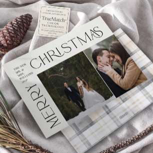 Modern Merry Christmas Typography 2 Photo Plaid Holiday Card