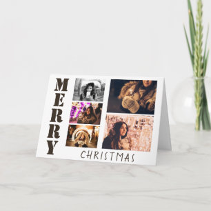 Modern Merry Christmas Typography 5 Photo Collage Holiday Card