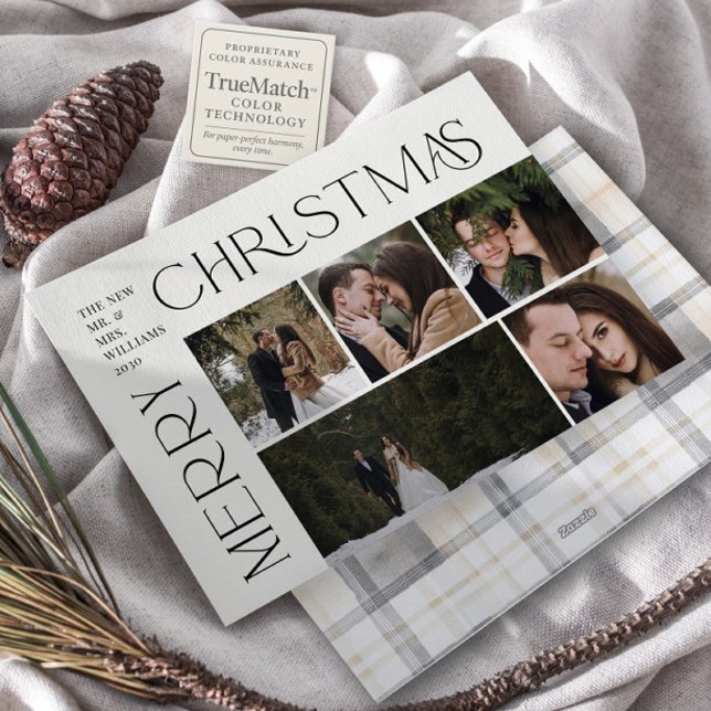 Modern Merry Christmas Typography 5 Photo Plaid Holiday Card (Creator Uploaded)