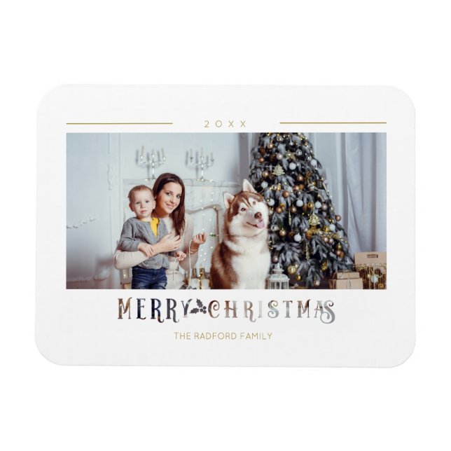 Modern Merry Christmas Typography Custom Photo Magnet (Horizontal)