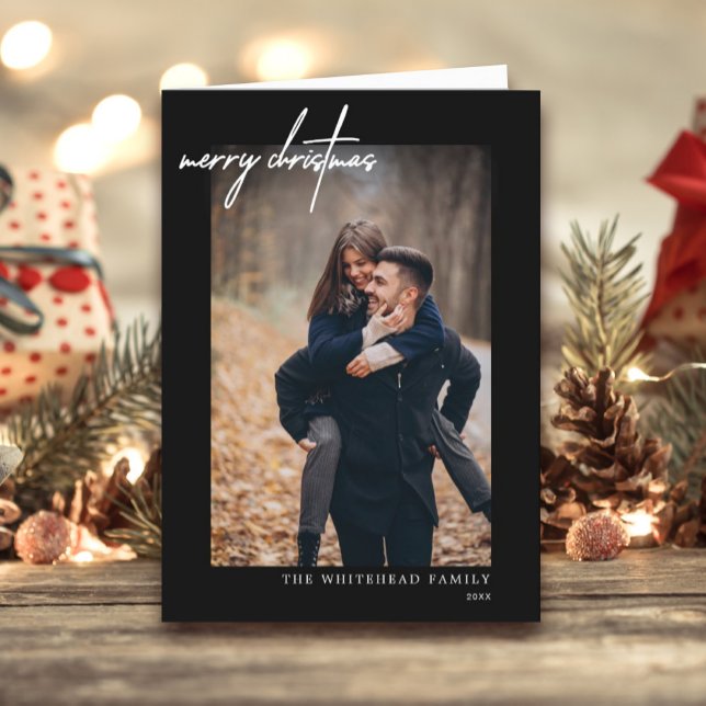 Modern Merry Christmas White Black Card (Creator Uploaded)