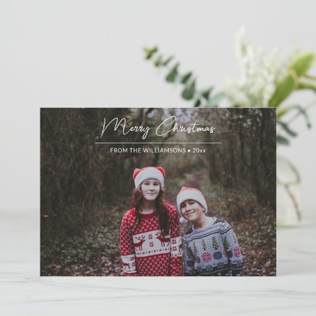 Modern Merry Christmas White Script Overlay Photo Holiday Card (Standing Front)