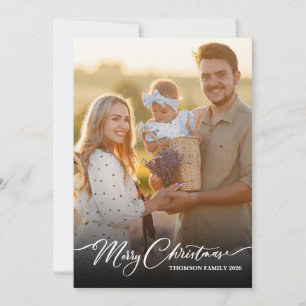 Modern Merry Christmas White Script Overlay Photo Holiday Card