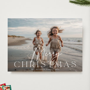 Modern Merry Christmas White Typography Photo Holiday Card