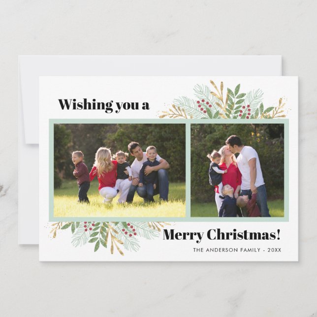 Modern Merry Christmas Winter Greenery 3 Photo Holiday Card (Front)