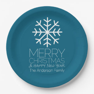 Modern Merry Christmas Winter Snowflake - blue Paper Plate