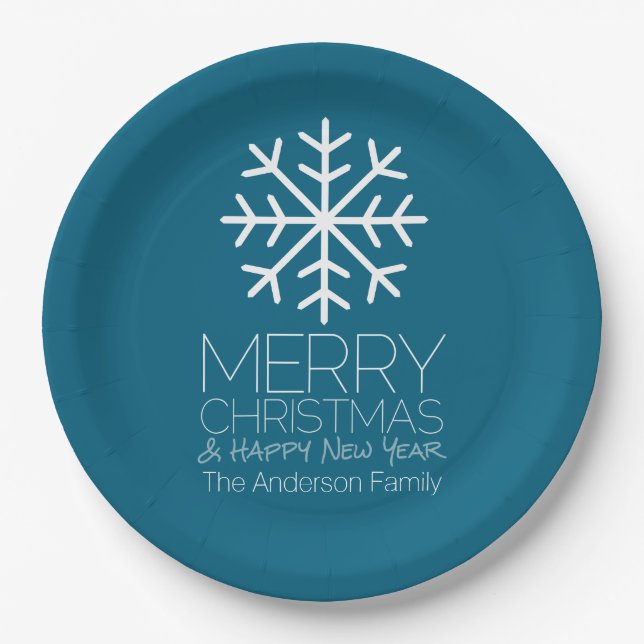Modern Merry Christmas Winter Snowflake - blue Paper Plate (Front)