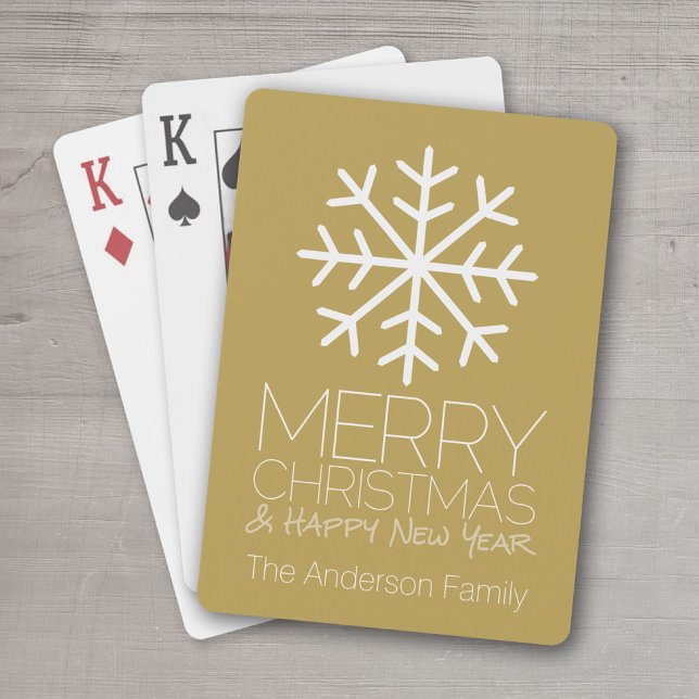 Modern Merry Christmas Winter Snowflake - gold Playing Cards (Add a family name  to this set of personalized playing cards for the Christmas season.)