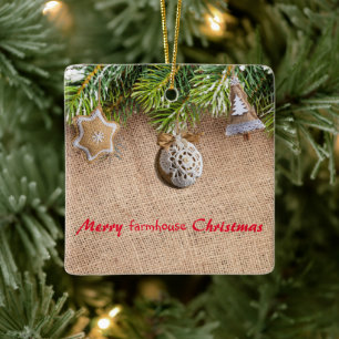 Modern Merry Farmhouse Christmas Rustic Burlap Ceramic Ornament