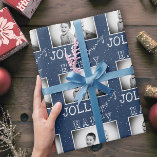 Modern Merry Jolly Happy Custom Photo Christmas Wrapping Paper