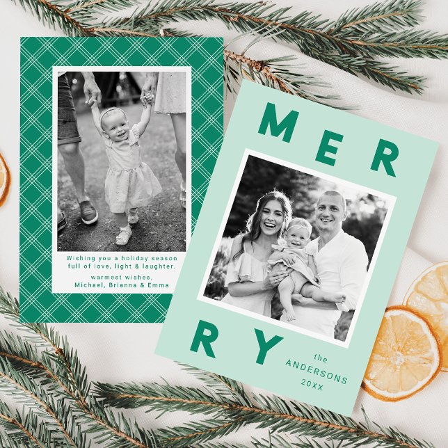 Modern Merry Letters Mint & Green 2 Photo Holiday Card (Creator Uploaded)