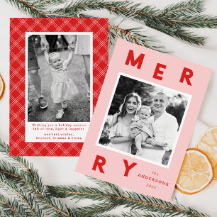 Modern Merry Letters Pink & Red 2 Photo Holiday Card