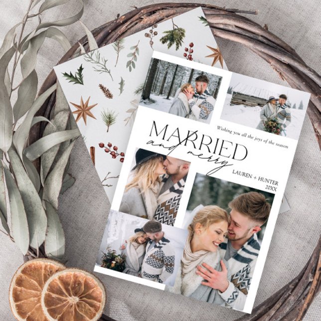 Modern Merry & Married 5 Photo Newlywed Holiday Card (Easily personalize this newlywed photo holiday card with five of your favorite image and deets)