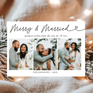 Modern Merry & Married Newlywed Photo Christmas  H Holiday Card