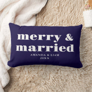 Modern Merry & Married Personalised Blue Christmas Lumbar Cushion