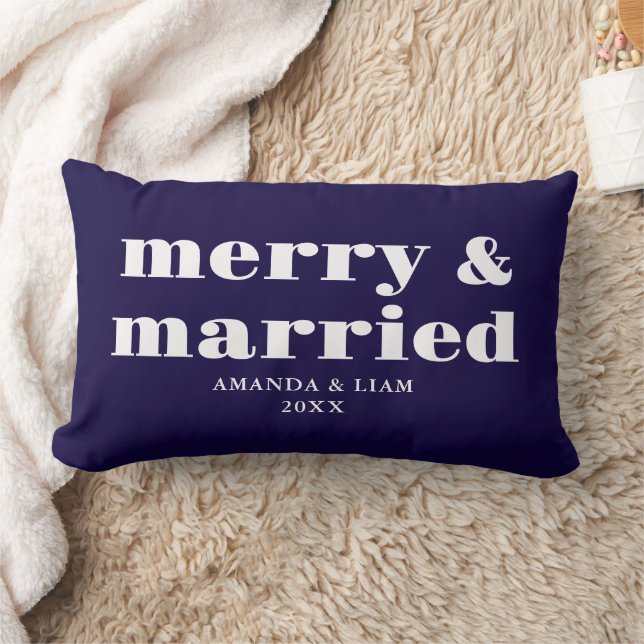 Modern Merry & Married Personalised Blue Christmas Lumbar Cushion (Blanket)