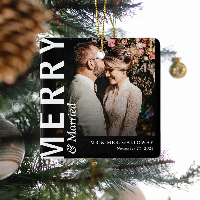 Modern Merry & Married Photo Christmas Ceramic Ornament (Creator Uploaded)