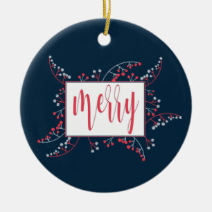 Modern Merry message red blue berries Christmas Ceramic Tree Decoration