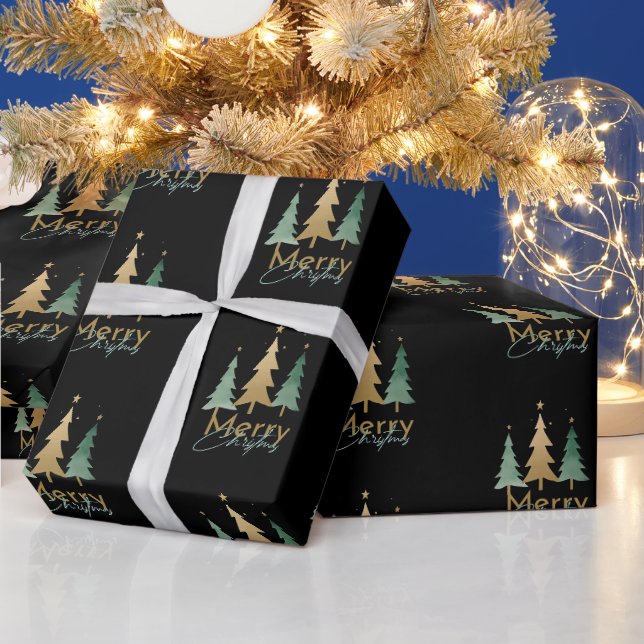 Modern Merry Minimalist Christmas Pine Tree Black Wrapping Paper (Holidays)