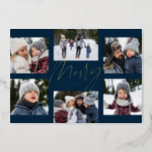 Modern merry navy gold 6 photo Christmas collage<br><div class="desc">A college of 6 photos is collected around a modern merry foil script in the centre and a custom name or message. This simple design is trend forward and the perfect way to share a year of highlights with friends and family. The backer is a festive navy blue and white...</div>