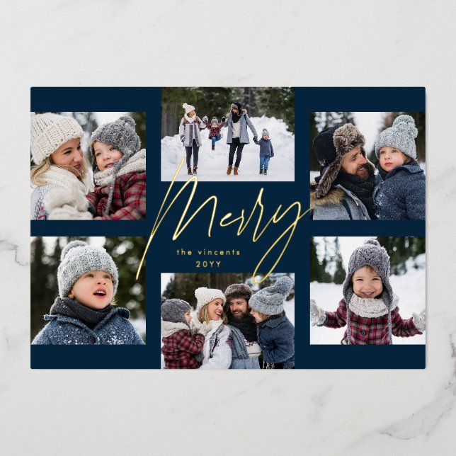 Modern merry navy gold 6 photo Christmas collage (Front)