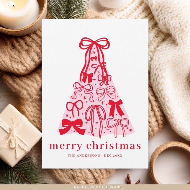 Modern Merry Pink Red Bow Tree Flat Holiday Card (Christmas card shown in 5 x 7 inches with square corners. Choose size, paper and corner style.)