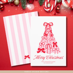 Modern Merry Pink Red Bow Tree Flat Holiday Card