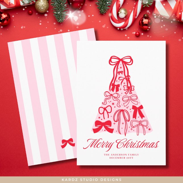 Modern Merry Pink Red Bow Tree Flat Holiday Card (Holiday card shown in 5 x 7 inches, personalize and choose paper and corner style before checkout.)
