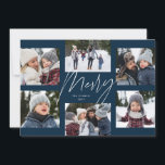 Modern merry script navy 6 photo Christmas collage Holiday Card<br><div class="desc">A college of 6 photos is collected around a modern merry script in the centre and a custom message. This simple design is trend forward and the perfect way to share a year of highlights with friends and family. The backer is a coordinating navy blue stripe.</div>