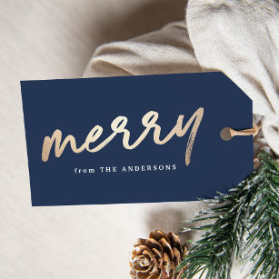 Modern Merry Script Navy and Gold Holiday Gift Tags