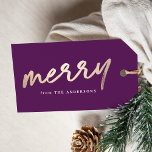 Modern Merry Script Purple and Gold Holiday Gift Tags<br><div class="desc">Dress up your gifts with stylish holiday gift tags! The custom gift tags feature the word "Merry" in a faux gold foil script font and a placeholder for your name or custom greeting against a purple background. The back of the custom gift tags feature a modern dot pattern.</div>