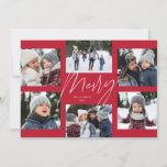 Modern merry script red 6 photo Christmas collage Holiday Card<br><div class="desc">A college of 6 photos is collected around a modern merry script in the centre and a custom message. This simple design is trend forward and the perfect way to share a year of highlights with friends and family. The backer is a coordinating red stripe.</div>