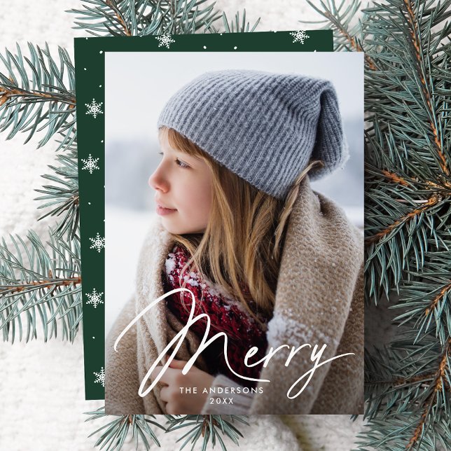 Modern Merry Signature Script Green Photo Holiday Card (Creator Uploaded)