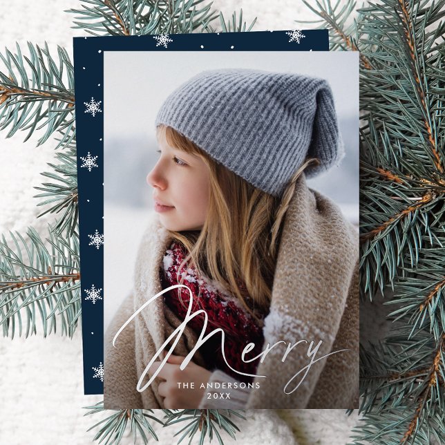 Modern Merry Signature Script Navy Photo (Creator Uploaded)