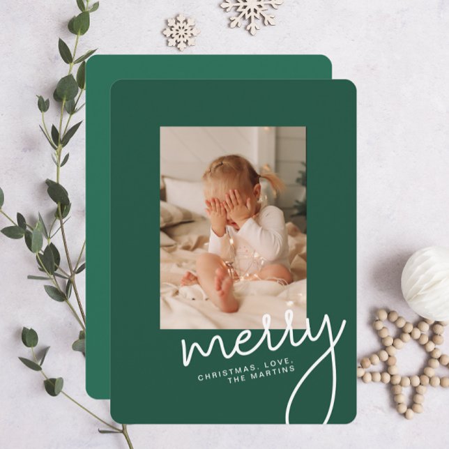 Modern Merry Simple Christmas Script One Photo Holiday Card (Creator Uploaded)