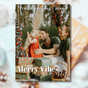 Modern Merry Vibes Only Family Photo Light Grey Holiday Card