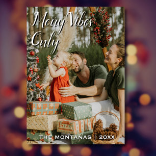Modern Merry Vibes Only Family Photo Rich Red Back Holiday Card