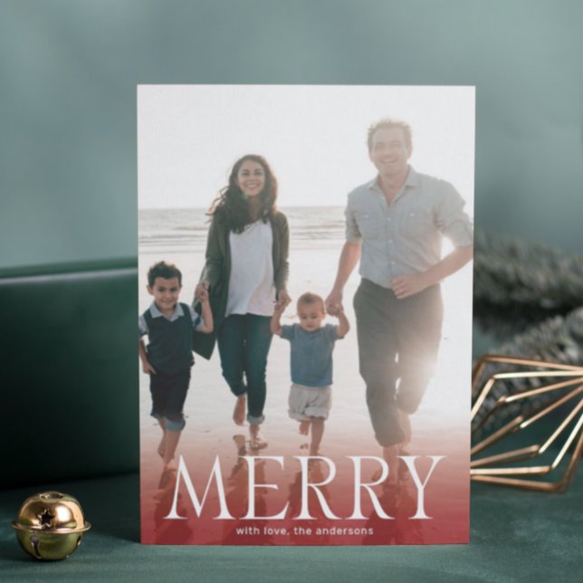 Modern MERRY White Maroon Red Overlay Photo  Holiday Card (Creator Uploaded)