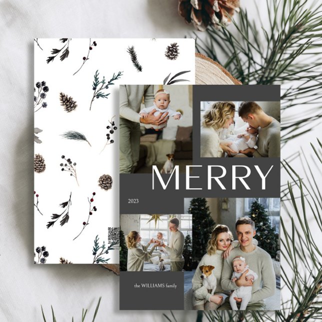 Modern Merry Winter 4 Photo Black Watercolor Xmas Holiday Card (Personalize this Holiday Card easily with your name and photo!)
