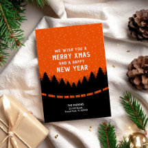 Modern Merry Xmas with red forest and snow