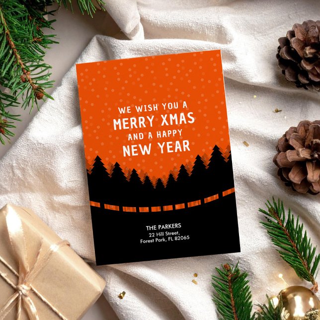 Modern Merry Xmas with red forest and snow Card (Creator Uploaded)